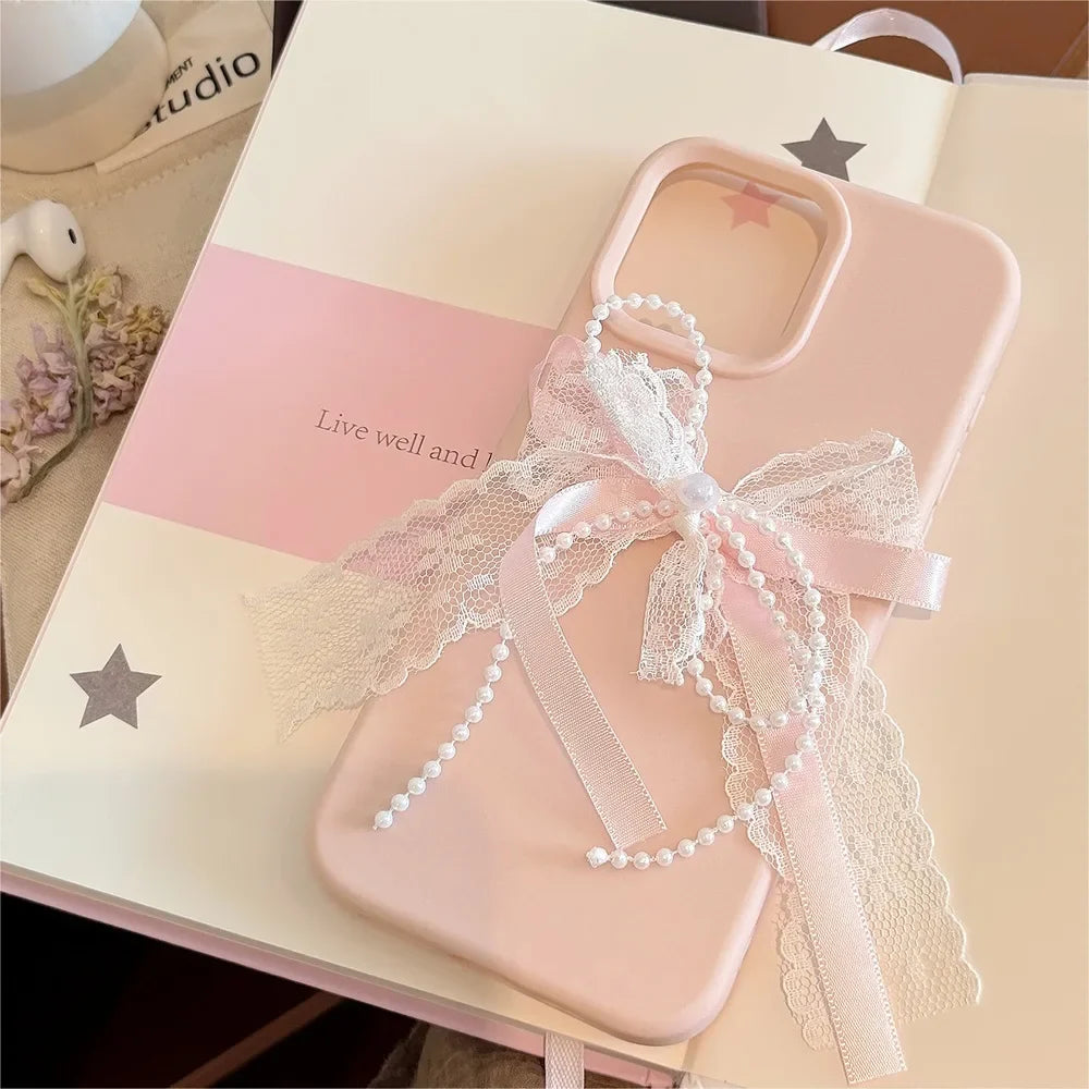 Cute 3D Pearl Lace Silk Ribbon Bow Phone Case