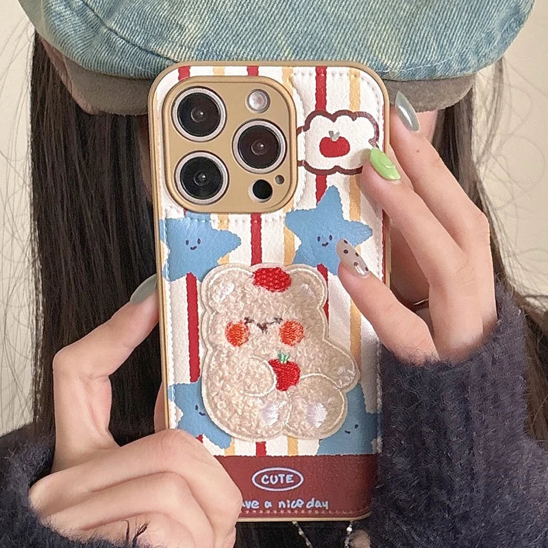 Cute 3D Plush Embroidered Rabbit Bear Phone Case