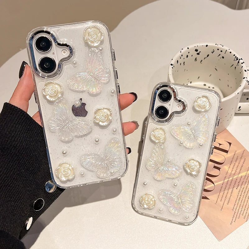 Pearl White Rose 3D Butterfly Clear Phone Case