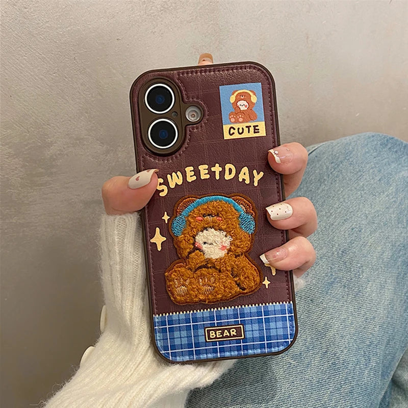 Cute 3D Plush Embroidered Rabbit Bear Phone Case
