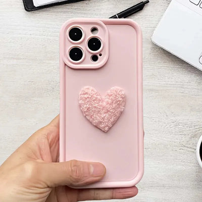 Cute 3D White Plush Love Heart Silicone Phone Case