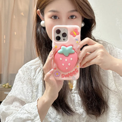 Sweet Strawberry Telescopic Bracket Phone Case
