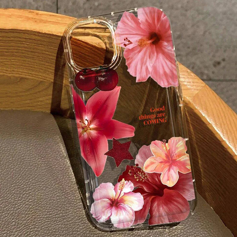 Cherry Flower Print Clear Phone Case