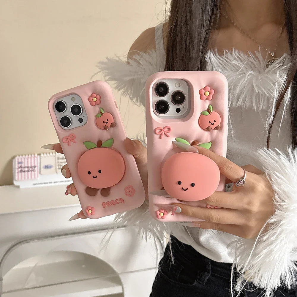 Kawaii Summer Fruit Floral Peach Bracket Soft Silicone Phone Case