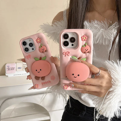 Kawaii Summer Fruit Floral Peach Bracket Soft Silicone Phone Case