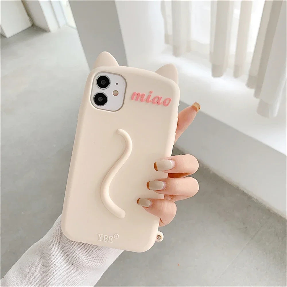 Cartoon 3D Cute Cat Ears tail Cat Paw Pendant Soft Cover Phone Case