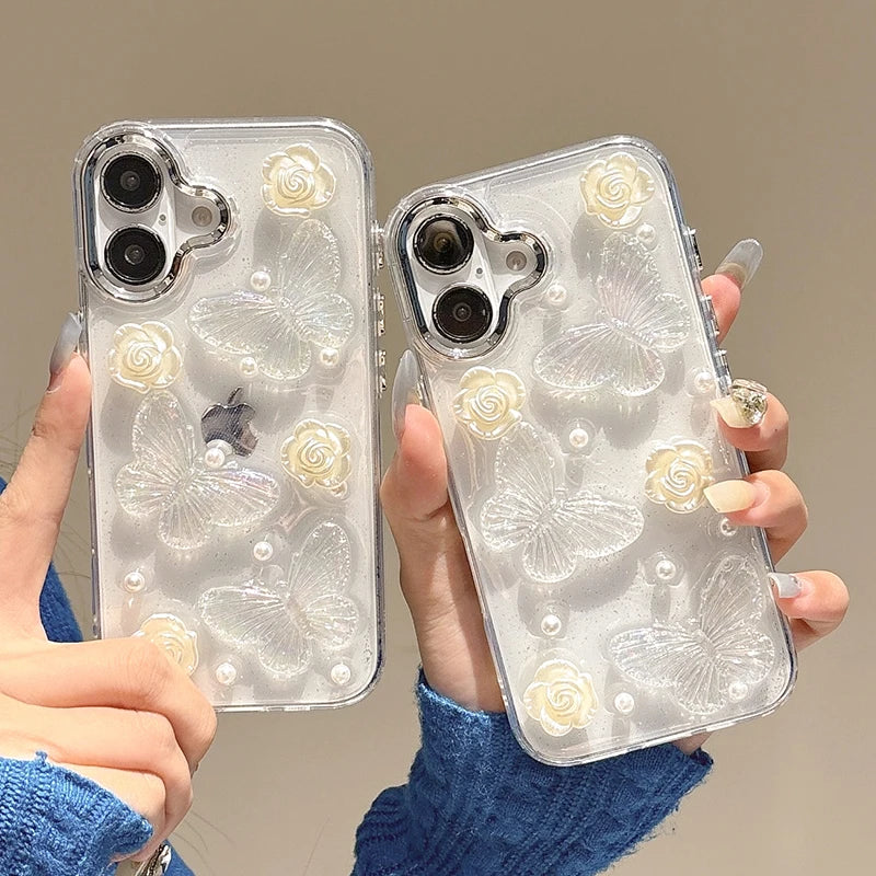 Pearl White Rose 3D Butterfly Clear Phone Case