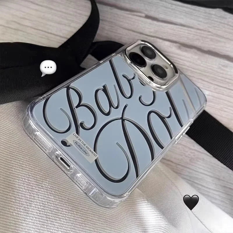 Blue Silver Plated Mirror English Transparent Frame Phone Case