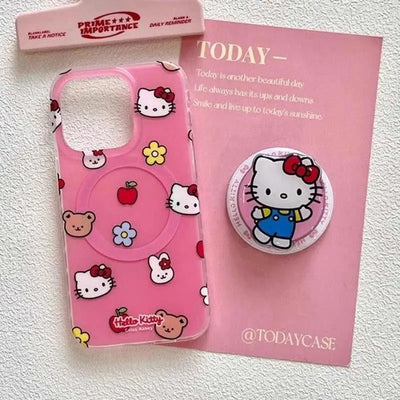 Cute Hello Kitty Magnetic Grip Holder Magsafe Wireless Charge Phone Case