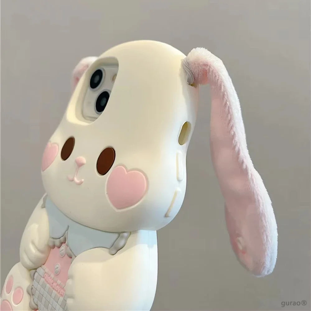 Cute Cartoon 3D Portable Ears Pink Love Heart Face Rabbit Phone Case