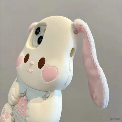 Cute Cartoon 3D Portable Ears Pink Love Heart Face Rabbit Phone Case