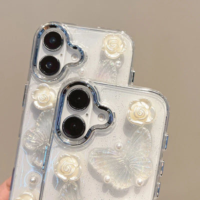 Pearl White Rose 3D Butterfly Clear Phone Case