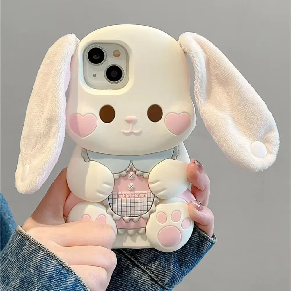 Cute Cartoon 3D Portable Ears Pink Love Heart Face Rabbit Phone Case