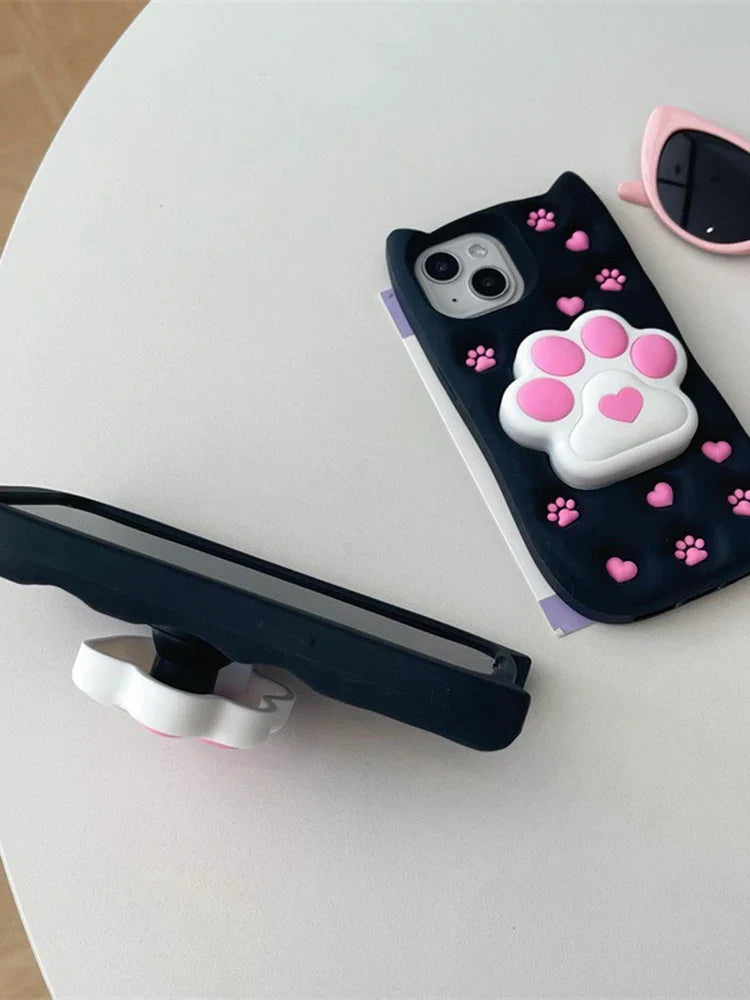 Cartoon Cute 3D Cat Paw Bracket Soft Silicone Phone Case