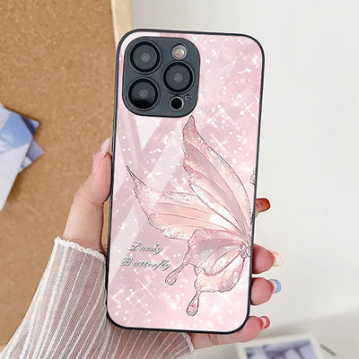 Silver Butterfly Tempered Glass Shockproof Cover Phone Case