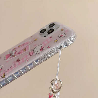 New 2025 Cartoon Cute Girlish Pink Checkered Kitty Long Hat Phone Case