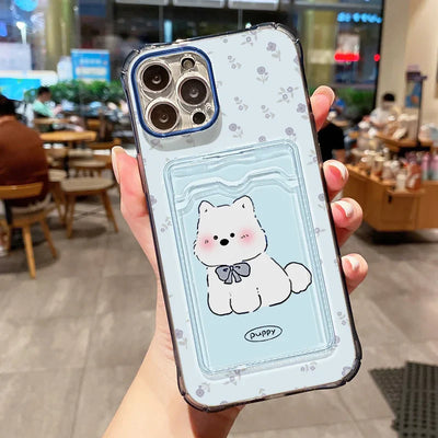 Card Slot Bag Holder Cute Dog Cartoon Puppy Clear Phone Case