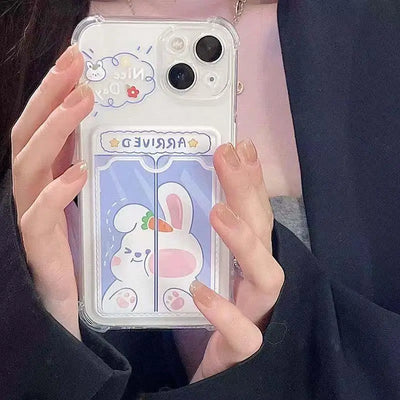 Cartoon Rabbit Bear Card Holder Slot Bag Clear Phone Case