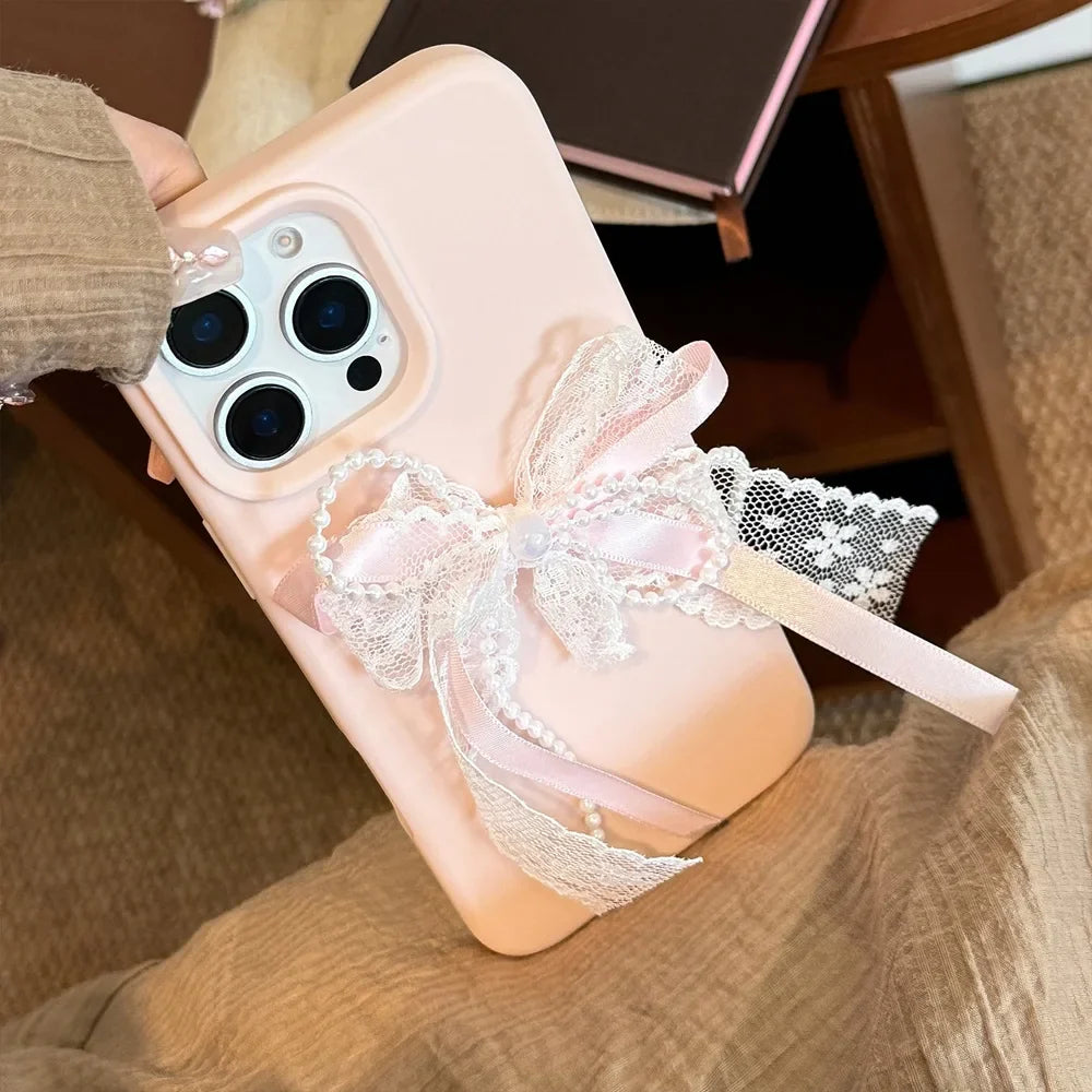 Cute 3D Pearl Lace Silk Ribbon Bow Phone Case