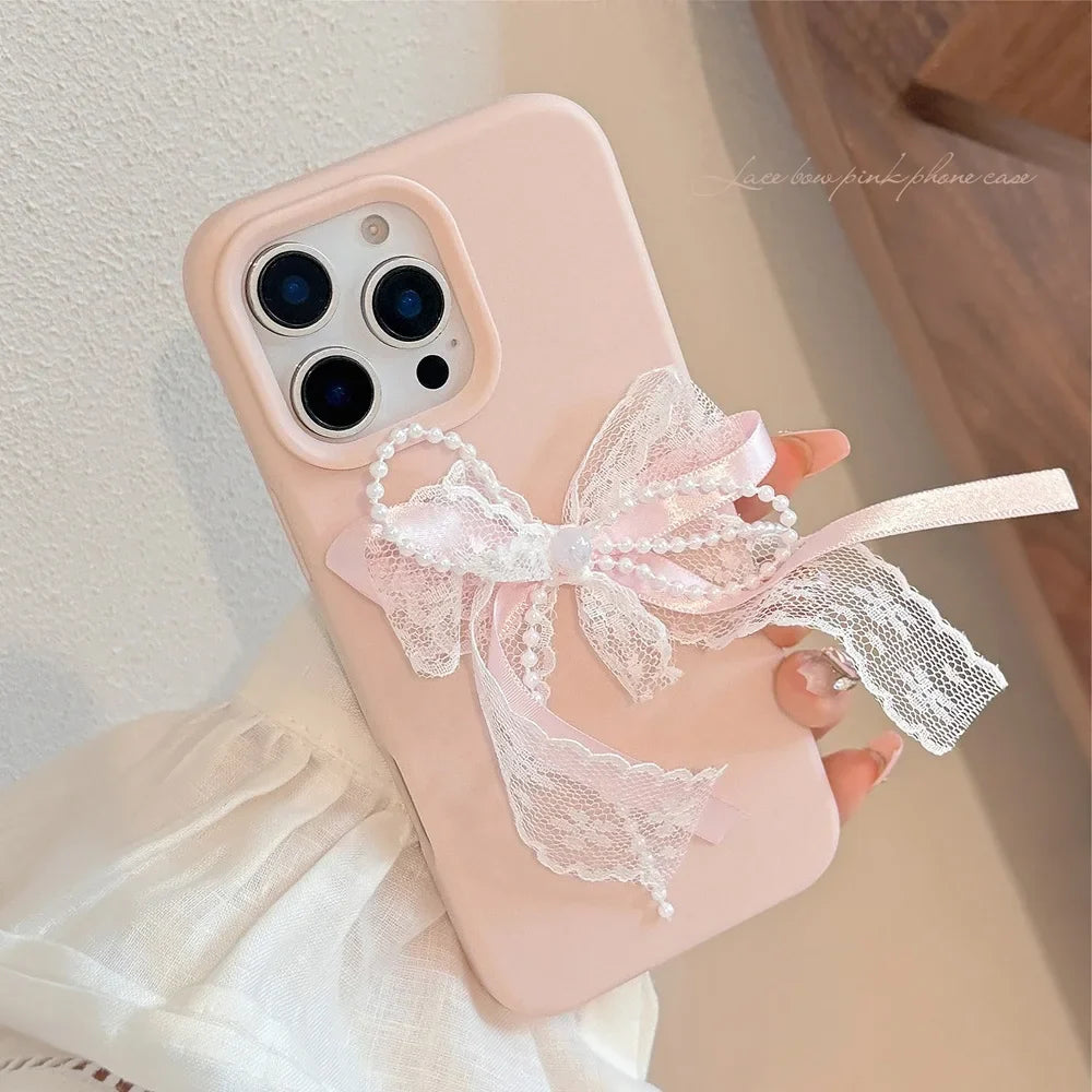 Cute 3D Pearl Lace Silk Ribbon Bow Phone Case
