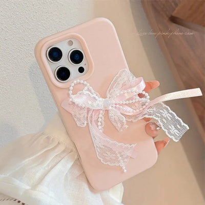 Cute 3D Pearl Lace Silk Ribbon Bow Phone Case