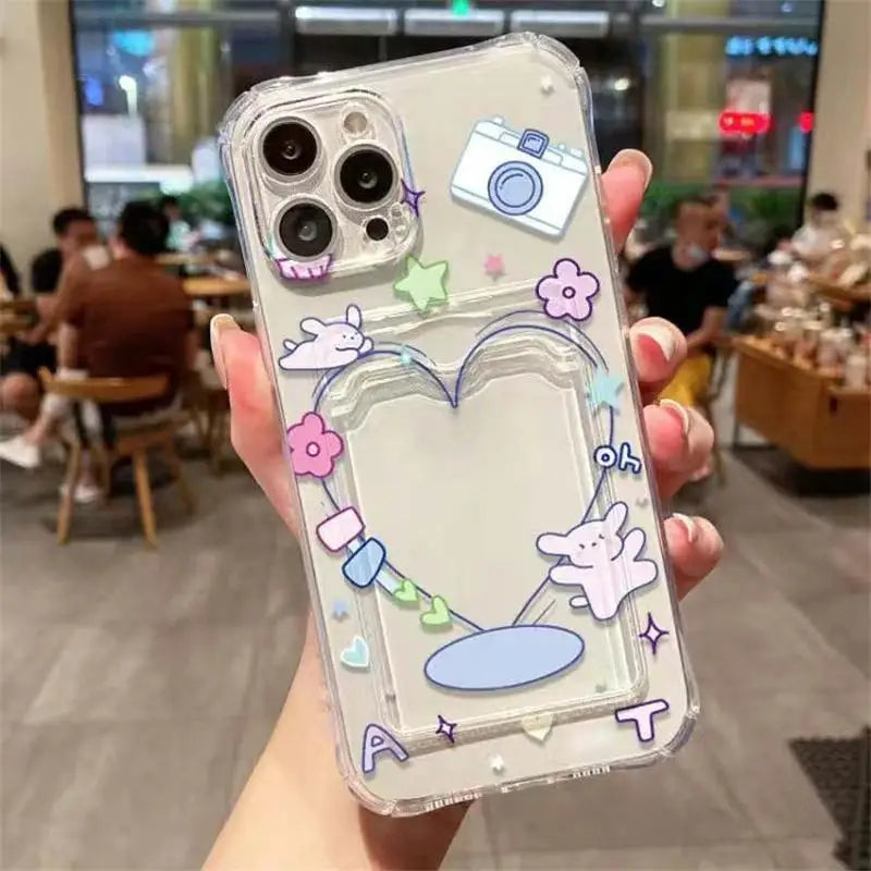 Cartoon Rabbit Bear Card Holder Slot Bag Clear Phone Case