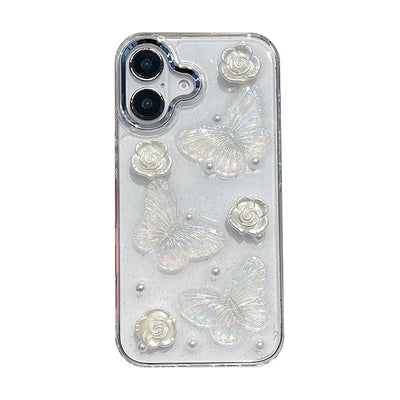 Pearl White Rose 3D Butterfly Clear Phone Case