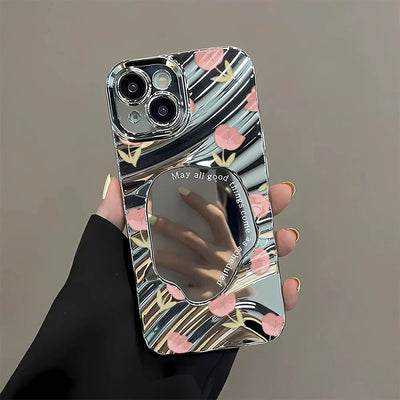 Cute Cat Wave Makeup Mirror Phone Case