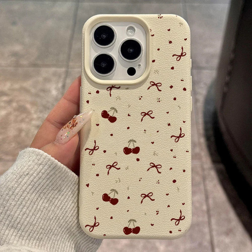 Cherry Leather Cute Heart Bow Cover Phone Case