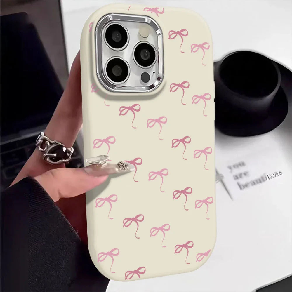 Cute Pink Bow Metal Lens Shockproof Bowknot Silicone Soft Back Cover Phone Case