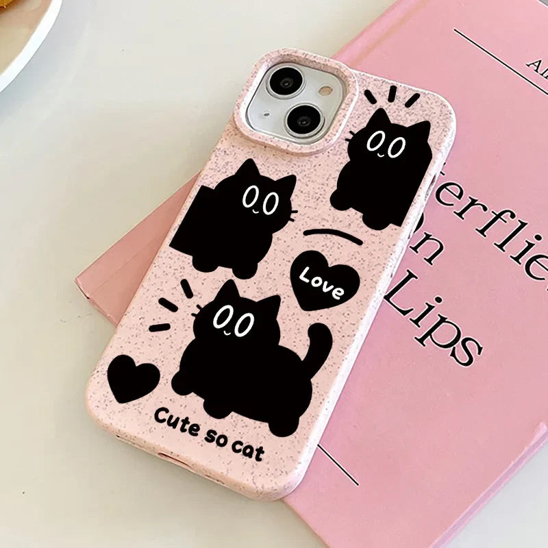 Cartoon Black Cat Wheat Straw Soft Silicone Cover Phone Case