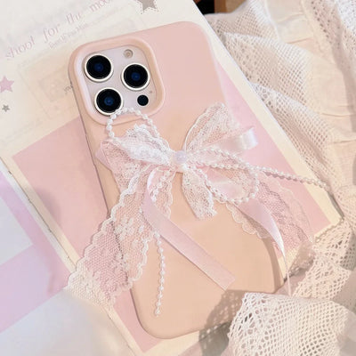 Cute 3D Pearl Lace Silk Ribbon Bow Phone Case