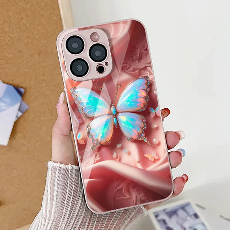 Silver Butterfly Tempered Glass Shockproof Cover Phone Case