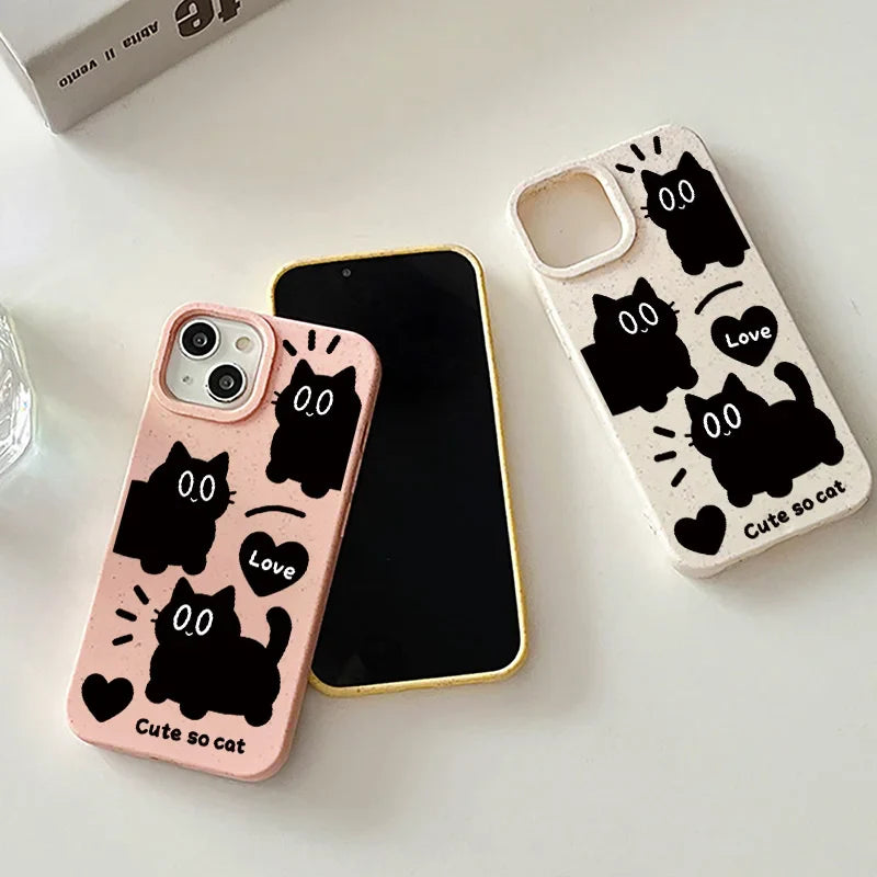 Cartoon Black Cat Wheat Straw Soft Silicone Cover Phone Case