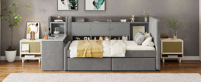 Twin Size Upholstered Daybed with Drawers, Shelves, Flip Cabinets & Side Table (Gray)