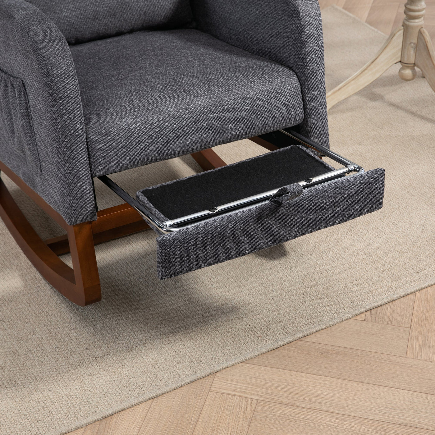 25.4'W Modern Rocking Chair for Nursery, Mid Century Accent Arm Rocker With Retractable Footrest, Side Pocket, Comfy Upholstered Wingback Wooden Glider Chair for Living Room Baby Kids Room. Charcoal