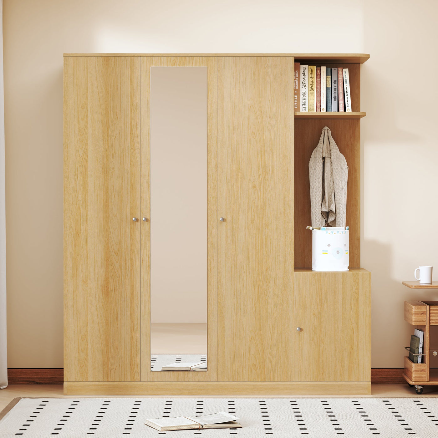 4-Door Wardrobe with Shelves, Drawers, and Full-Length Mirror, Natural