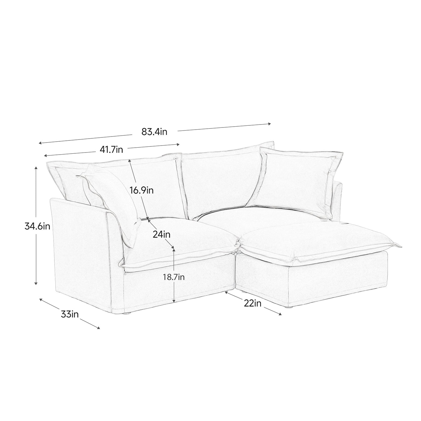 Slipcovered Sectional 2 Seater Sofa Couch with Convertible Ottoman, Wide and Deep Seat L Shaped Sofa with Detachable Cover and Soft Multiple Big Pillows, Chenille Fabric, Orange
