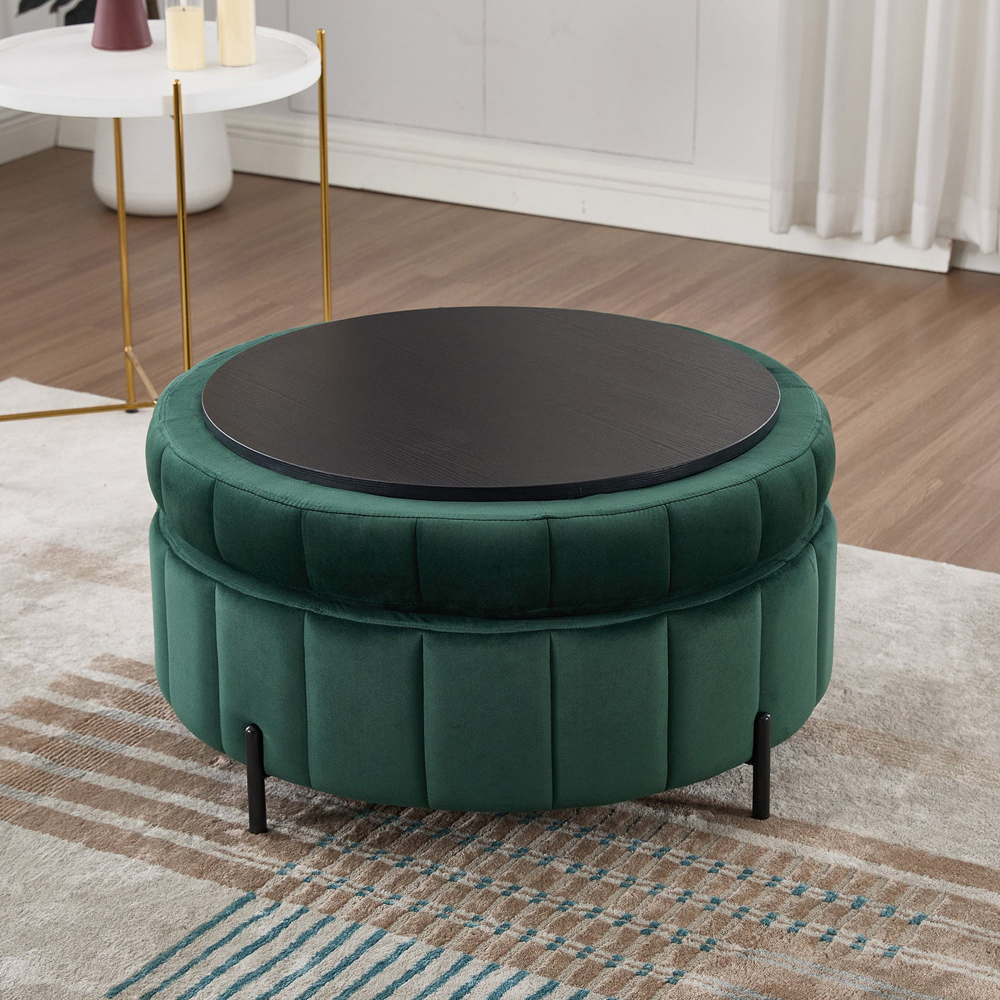 31.5'W Upholstered Round Ottoman With Reversible Lid, Velvet Storage Stool, Channel Tufted Pumpkin-shape Footstool for Living room, Bedroom and Office, Green