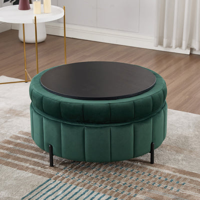 31.5'W Upholstered Round Ottoman With Reversible Lid, Velvet Storage Stool, Channel Tufted Pumpkin-shape Footstool for Living room, Bedroom and Office, Green