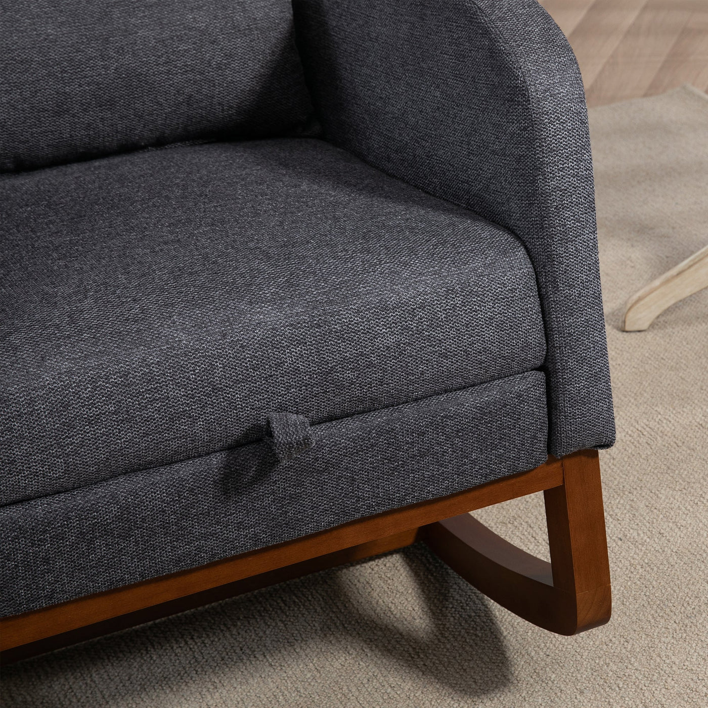 25.4'W Modern Rocking Chair for Nursery, Mid Century Accent Arm Rocker With Retractable Footrest, Side Pocket, Comfy Upholstered Wingback Wooden Glider Chair for Living Room Baby Kids Room. Charcoal