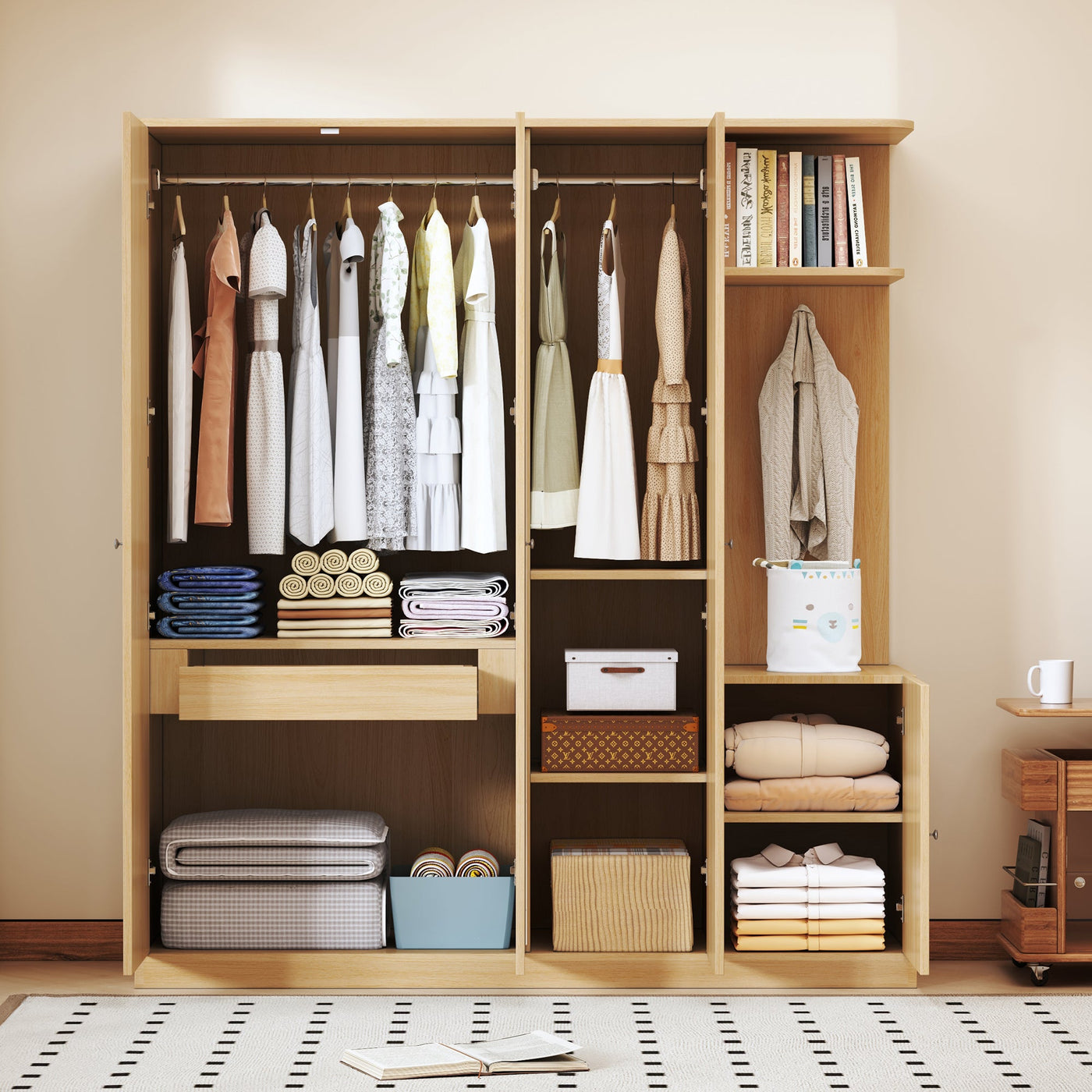 4-Door Wardrobe with Shelves, Drawers, and Full-Length Mirror, Natural