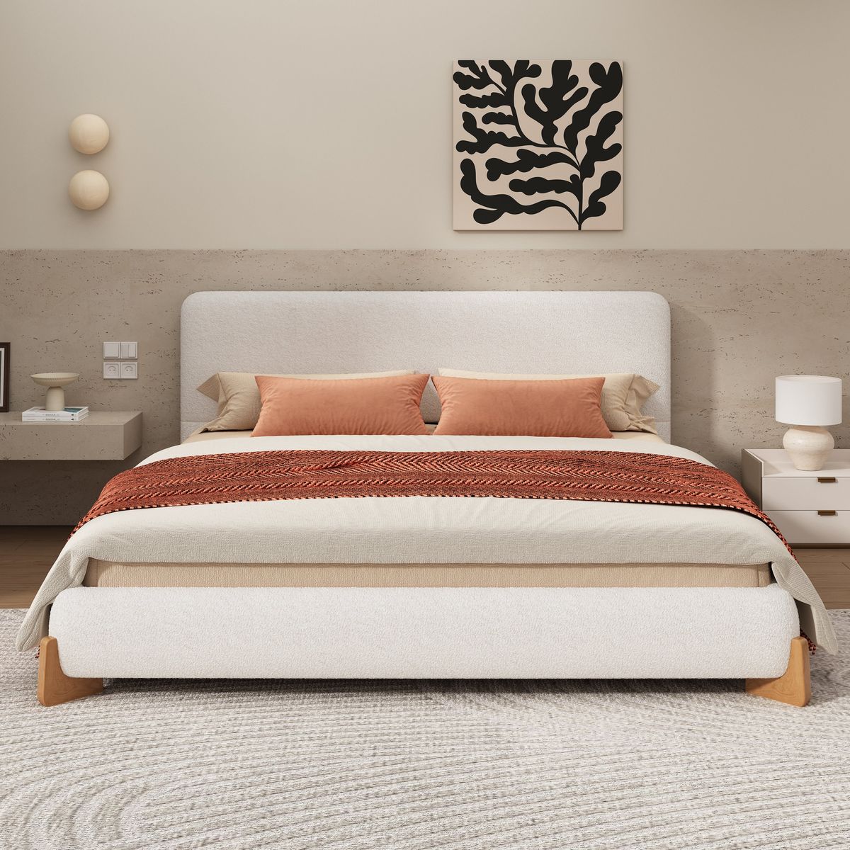 Elegant Boucle Upholstered Bed, A Luxurious and Comfortable Bedroom Centerpiece, King Size, White