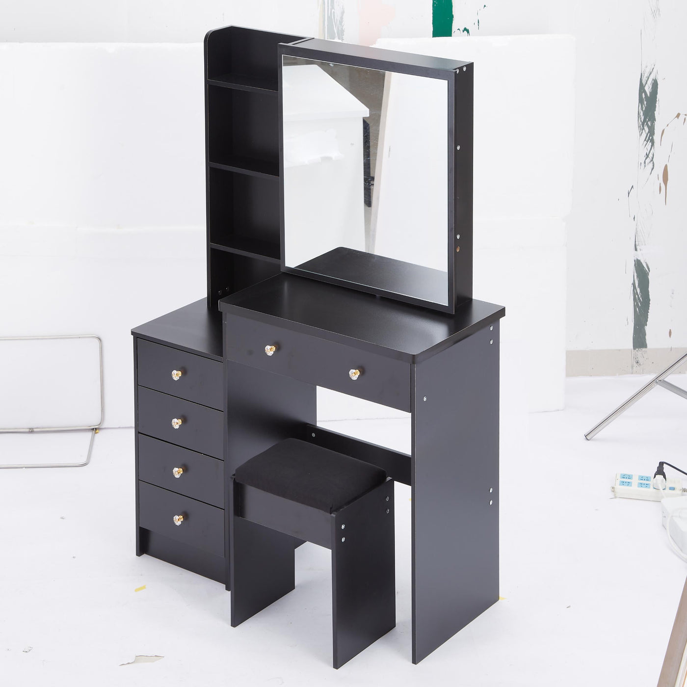 37' Middle Size Left Bedside Cabinet Vanity Table + Cushioned Stool, Extra Large Right sliding mirror, Multi Layer High Capacity Storage, Practical Fashionable Dresser, Suitable For Middle Space