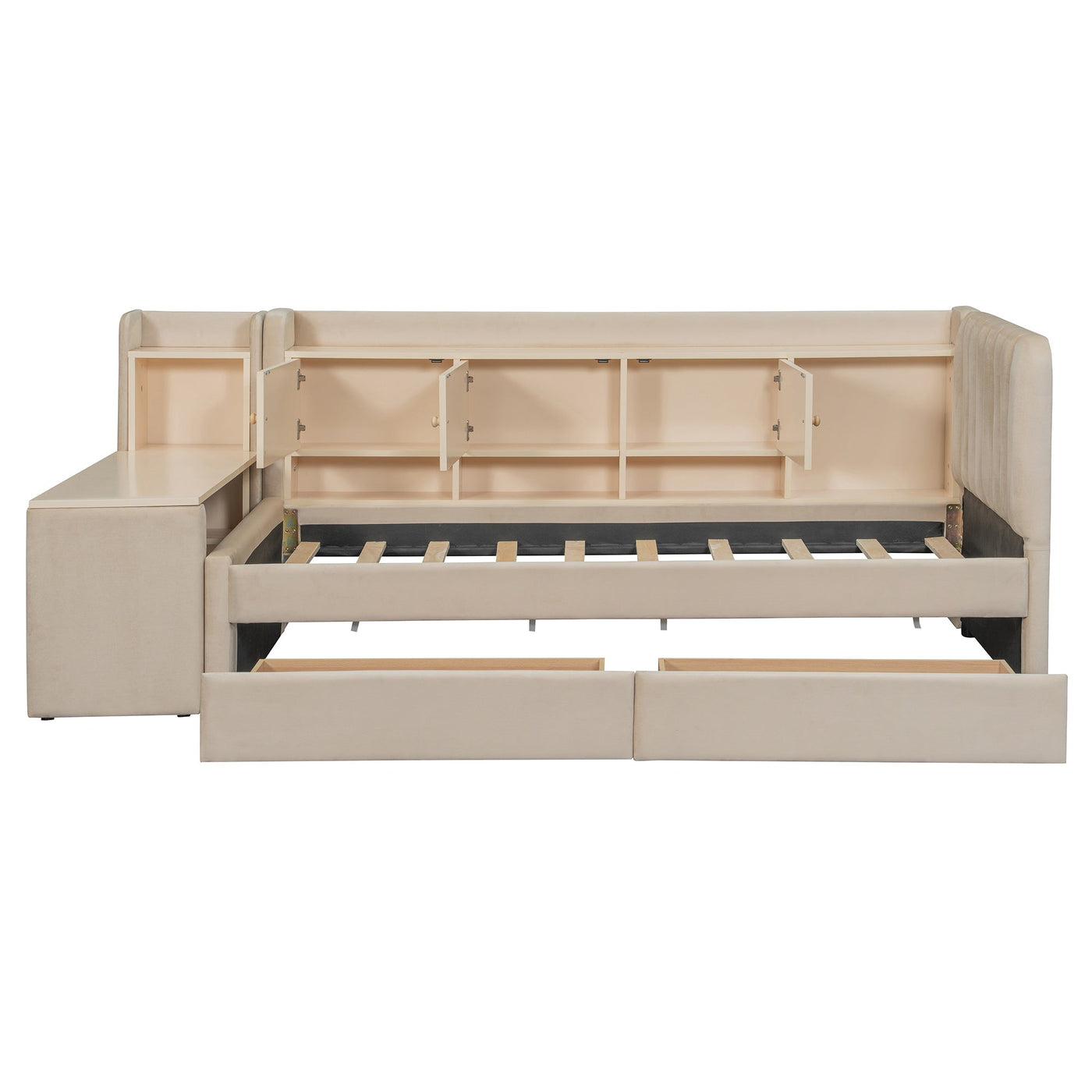 Twin Size Upholstered Daybed with Drawers, Shelves, Flip Cabinets & Side Table (Beige)