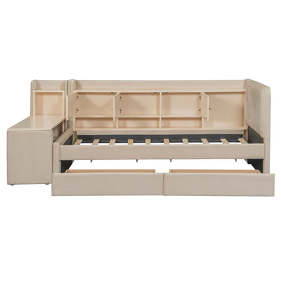 Twin Size Upholstered Daybed with Drawers, Shelves, Flip Cabinets & Side Table (Beige)