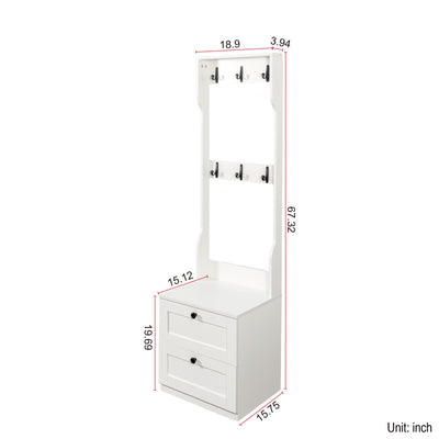 2-in-1 Coat Rack and Nightstand,Wood Bedside/Entryway Storage Organizer with Drawer & Hooks, Freestanding Clothes Hanger for Bedroom,Hallway