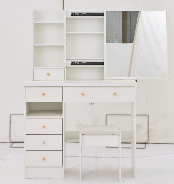 37' Middle Size Left Drawer Desktop Vanity Table + Cushioned Stool, Extra Large Right sliding mirror, Multi Layer High Capacity Storage, Practical Fashionable Dresser, Suitable For Large Space