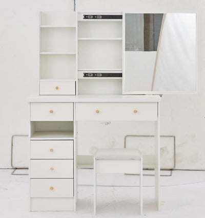 37' Middle Size Left Drawer Desktop Vanity Table + Cushioned Stool, Extra Large Right sliding mirror, Multi Layer High Capacity Storage, Practical Fashionable Dresser, Suitable For Large Space
