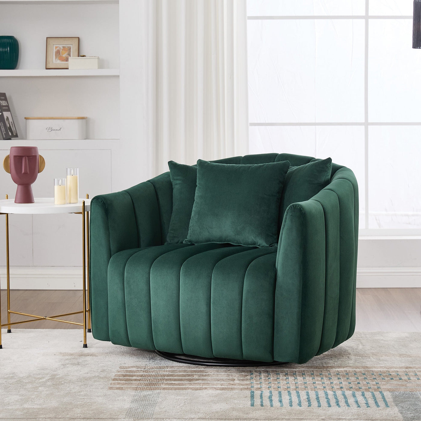40.35'W Upholstered Oversized 360° Swivel Accent Barrel Chair and Half Cozy Sofa with 3 Pillows, Velvet Channel Tufted Pumpkin-Shape Club Armchair for Living Room, Bedroom, Office, Lounge, Green